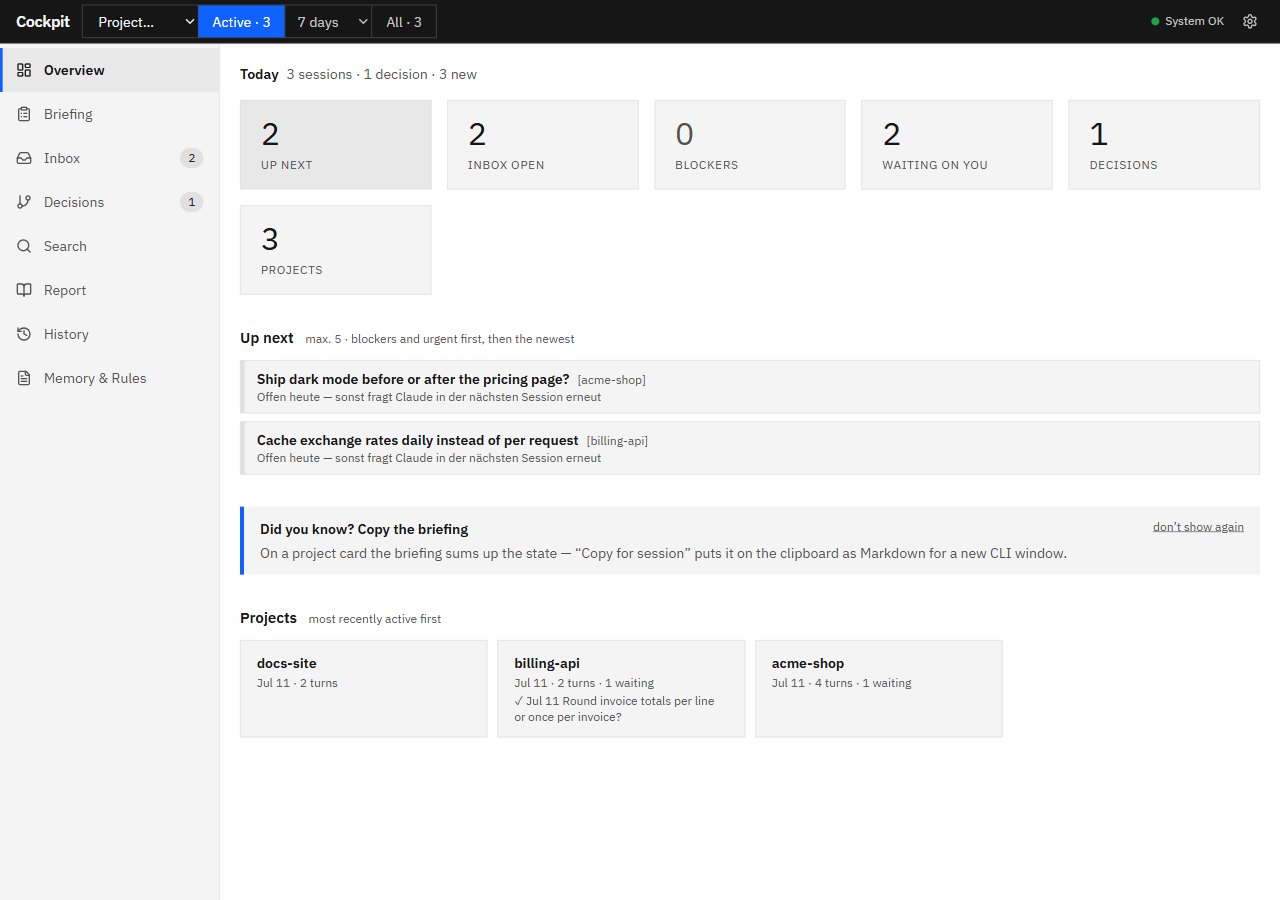 SubEtha Studio web UI: portfolio overview with project cards, inbox and decision log